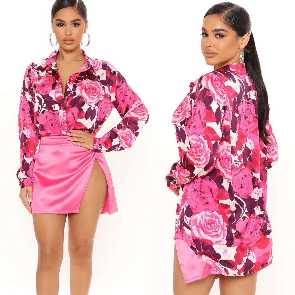 Fashion Nova Pink Floral Paradise Satin Shirt